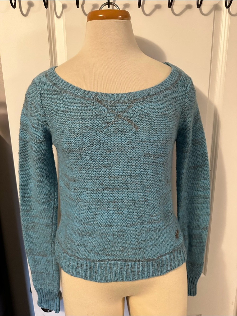 Fox Teal Blue Scoop Neck Knit Sweater